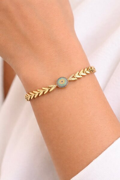 TAKIŞTIR Altın Renk Nazar Boncuğu Figürlü 14K Altın Kaplama VİP Bileklik