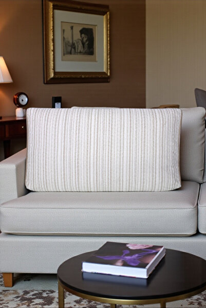 AYPETEKS Beyaz, Krem, Bej Çizgili Ketenli Mat Kadife Kutu Model Kırlent Kılıfı