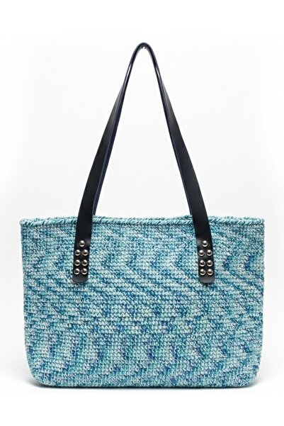 Lume Store Handmade Faux Leather Handle Straw Look Blue Tote Bag Handmade