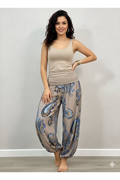 AGORATEKSTİL Women's Original Italian Waist and Leg Elasticated Shawl Patterned Shalwar Trousers