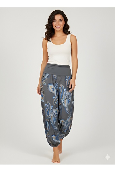 AGORATEKSTİL Women's Original Italian Waist and Leg Elasticated Shawl Patterned Shalwar Trousers