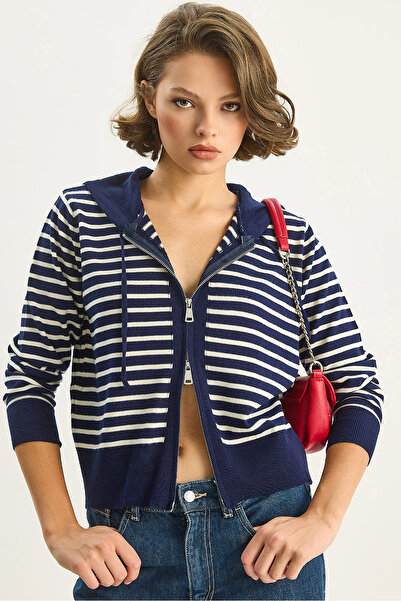 Bianco Lucci Women's Striped Hooded Double Zipper Basic Cardigan 20246865