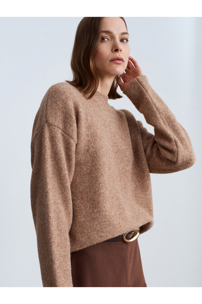 Dilvin 10640 Crew Neck Soft Textured Sweater-Dark Beige Mel.