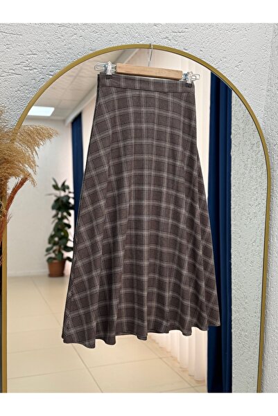 BENAHOLL Gülfer Waist-Tightening Zippered Plaid Flared Skirt-Ek716.3 Brown