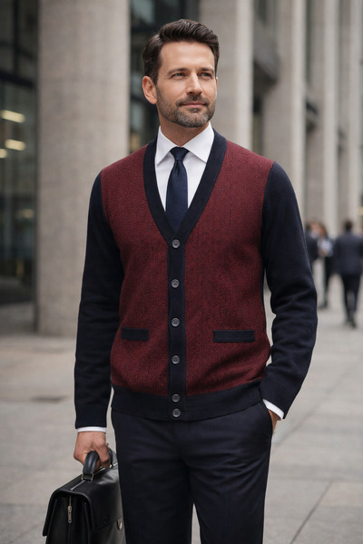 Desen Triko V-Neck Wool Blended Double Pocket Steel Knit Men's Cardigan