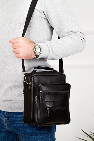 Newish Polo Men's Genuine Leather Crossbody Long Strap Hand and Shoulder Bag Large Size - Black