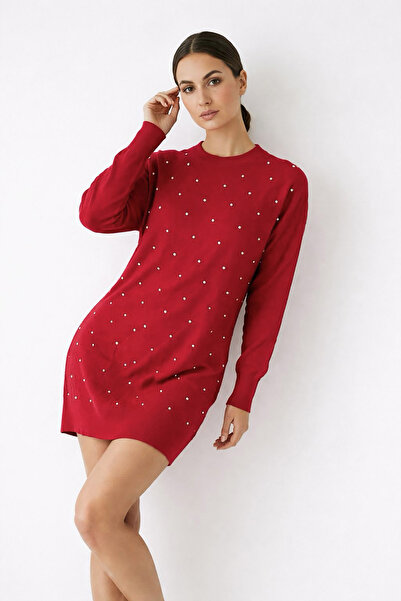 Giyim Dünyası Women's Diamond Pattern Stone Tunic Burgundy