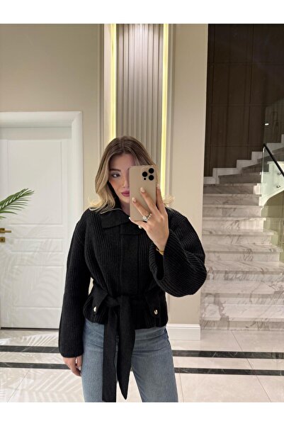 CKBUTİK Antrasit Fermuarlı Kemerli Düğmeli Yünlü Triko Hırka -60988