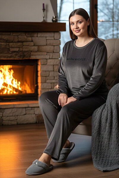 REMSA Plus Size Women's Velvet Fabric Pajama Set 13213-3016 Smoked