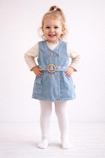 dinamik çocuk Kız Bebek/Çocuk Kruvaze Ahşap Düğme Detaylı Kemerli Kot Jile El...