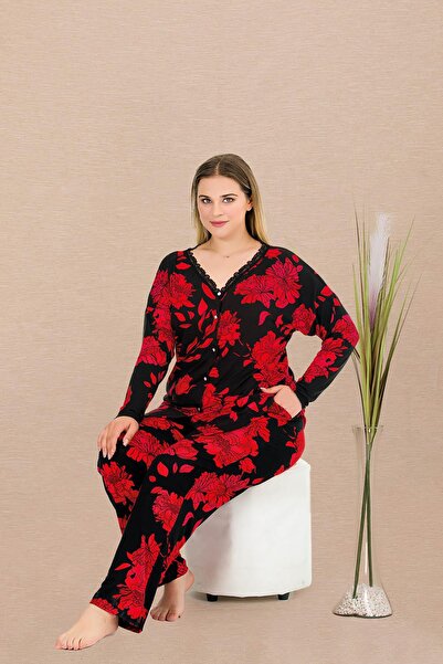 REN Γυναικείο σετ πιτζάμες με λουλουδάτο σχέδιο, μεγάλο μέγεθος, με κουμπιά μπροστά και κόκκινο λουλούδι με τύπωμα , ύφασμα βισκόζης