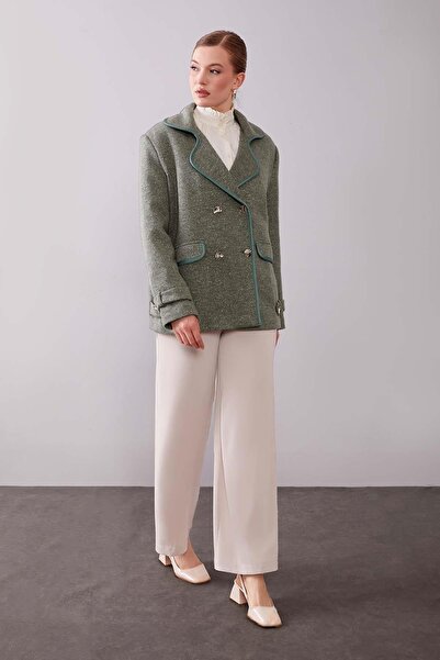 Levidor Khaki Double-Breasted Cashmere Jacket with Side Stripes