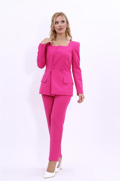 ÖNDER ÖZSOY Square Neck Jacket & Skinny Leg Trousers-Fuchsia