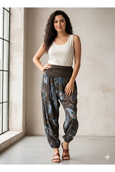 AGORATEKSTİL Women's Original Italian Waist and Leg Elasticated Shawl Patterned Shalwar Trousers