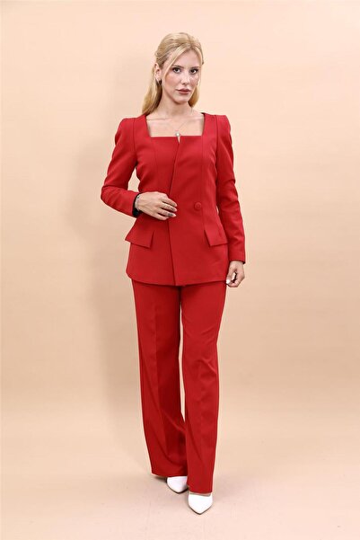 ÖNDER ÖZSOY Square Neck Modern Jacket & Wide Leg Pants Women's Suit-Red