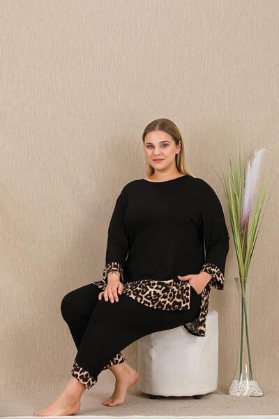 REN Γυναικείο Σετ Πιτζάμες Μεγάλου Μεγέθους Μαύρο Λεοπάρ, ύφασμα βισκόζης