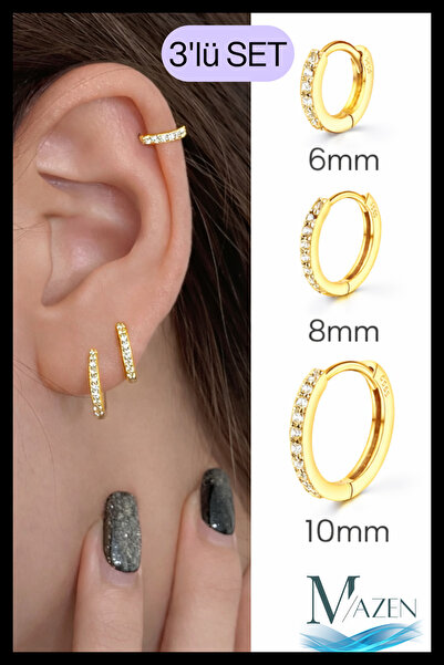 MAZEN Kararmaz Minimal Zirkon Taşlı Halka Piercing Küpe 3’lü Set | 6-8-10 mm ...