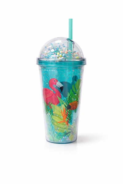 NASYONEL TOYS Flamingo Desenli Pipetli Bardak – Kapaklı Soğuk İçecek Bardağı