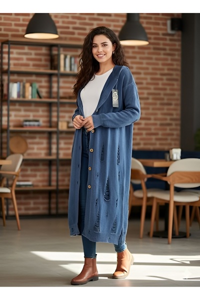 AGORATEKSTİL Women's Hooded Button Washable Knitwear Long Jacket
