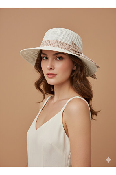 REBBEX White Knitted Textured Summer Straw Wide Brim Hat with White Color Bow Detail