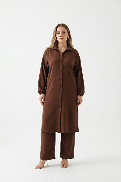 Elisho Bürümcük Kumaş Boydan Düğmeli Tunik Pantolon İkili Takım Siyah