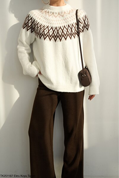 Lupies Women's Crew Neck Patterned Wool Knit Sweater