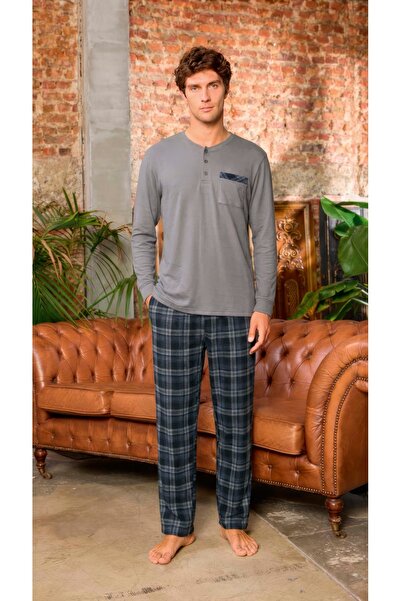 Aydoğan Lodos Store Men's Long Sleeve Plaid Thermal Pajama Set Plaid Pattern Gray