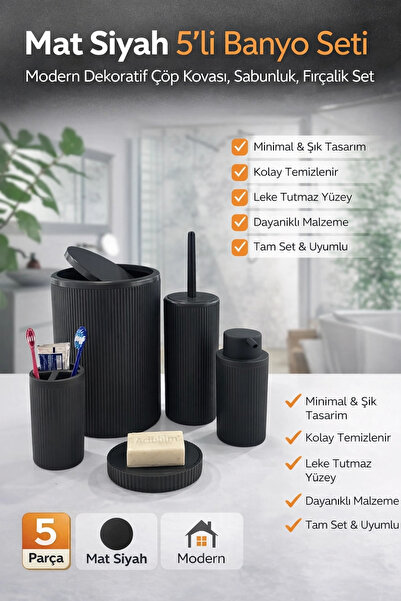 Clevora 5-dijelni set za kupatilo sa crnim prugama, sa okruglom kantom za sme...