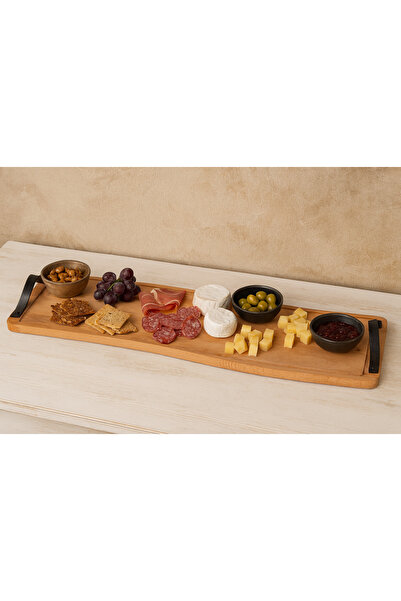 Industrial Living 80 cm Masif Kayın Servis ve Sunum Tahtası, Deri Kulplu, Lük...