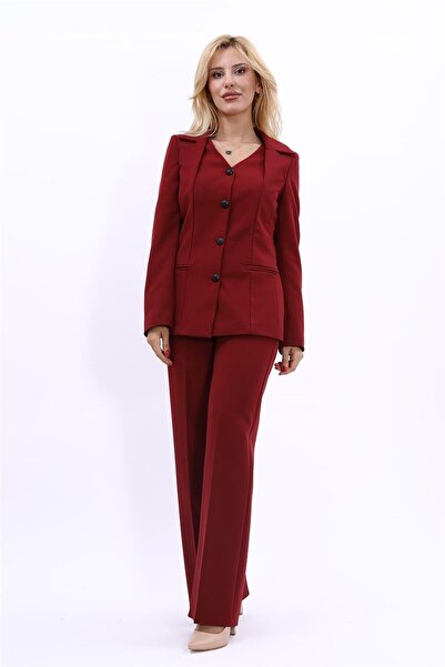 ÖNDER ÖZSOY V-Neck Buttoned Modern Jacket & Wide Leg Pants Women's Suit-Burgundy