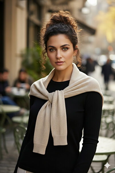 Mollycrush Kadın Bej Kazak Görünümlü Triko Şal | Bağlamalı Günlük Seçim