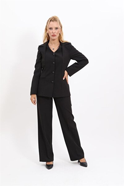 ÖNDER ÖZSOY V-Neck Buttoned Modern Jacket & Wide Leg Pants Women's Suit-Black
