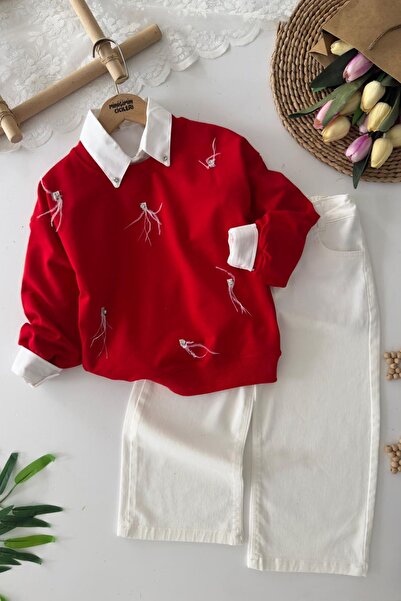 Minigimin Cicileri My Little One's 3-Piece Set with Stone and Feather Patterned Girls' Shirt - Red