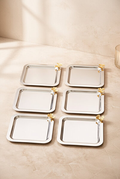 DİVAYS 6'lı Gold Kelebek Detaylı Kare Paslanmaz Çelik Sunum Tepsisi - 23cm Şık Kahve Sunum Seti