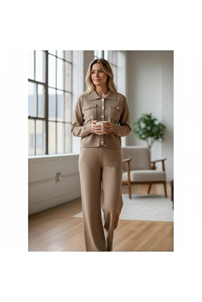 GÖMLEK GALERİSİ طقم أنجورا مسطح للنساء بجيبين مقاس قياسي (38-48)