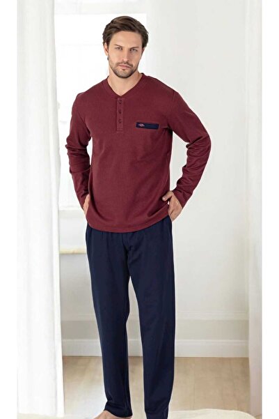 Erse Battal-Plus Size Honeycomb Knitted Long Sleeve Cotton Men's Pajama Set