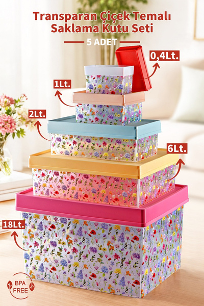 Nandy Home 5'li Transparan Çiçek Temalı Çok Amaçlı Saklama Kutusu Seti 0,4-1-...
