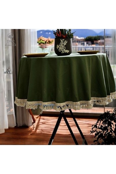 DNC home tekstil Premium Keten Haki Ham Ponponlu Masa Örtüsü