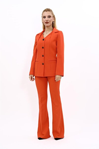 ÖNDER ÖZSOY V-Neck Buttoned Modern Jacket & Flared Pants Women's Suit -Orange