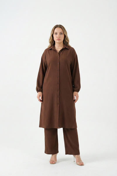 Talvien Bürümcük Kumaş Gömlek Yaka Tunik Takım Boydan Düğmeli Tesettüre Uygun...