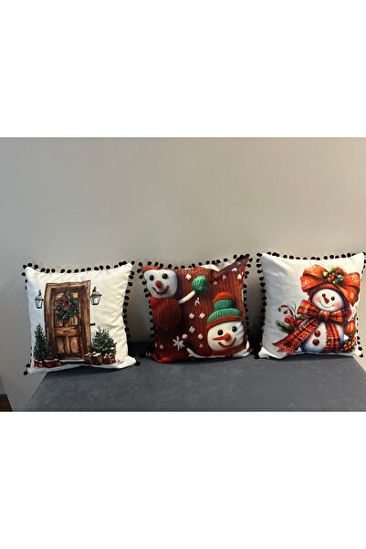 KEDİ Winter Mode Special Velvet Fabric Pompom Cushion Set of Three