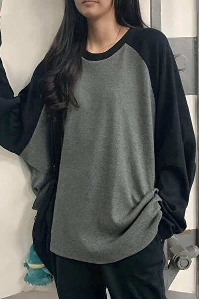 Karakedi Siyah Raglan Kollu Antrasit Basic Y2K Unisex Sweatshirt