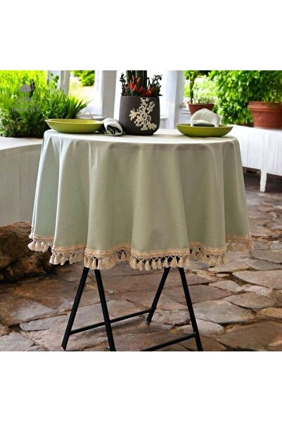 DNC HOMETEX مفرش طاولة دائري من الكتان الفاخر مع كرات قطنية خام