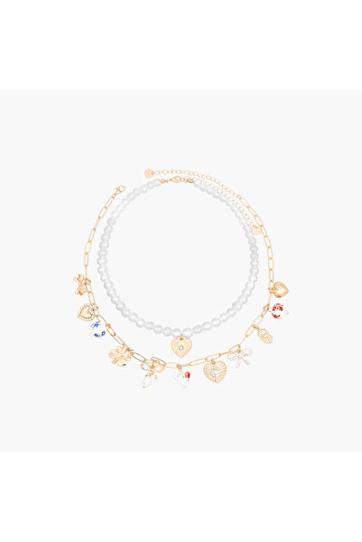 Lifestyle قلادة من اللؤلؤ والخرز مع مشبك لوبستر - طقم من قطعتين