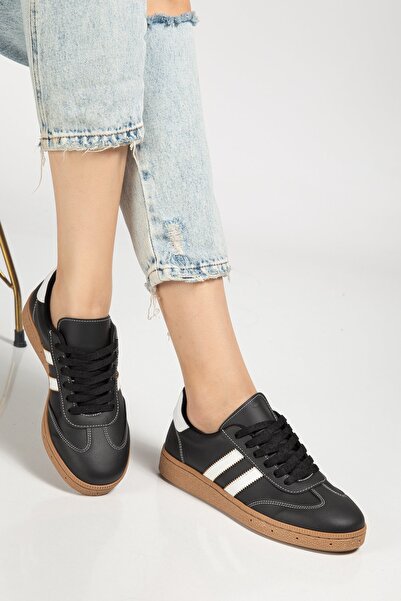 BAHRİNA Women's Black Leather White Stitched Casual Sneaker