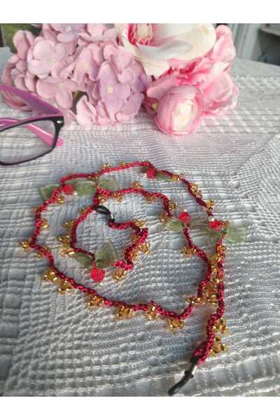 Bircan Hediyelik Glasses String Strawberry Burgundy Gold Beaded
