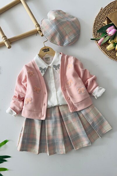 Minigimin Cicileri Girl's 4-Piece Set with Collar Stone Bow Detail and Plaid Skirt - Salmon