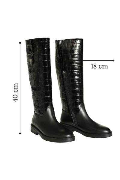 Platin Siyah Kroko Baskı Deri Çizme