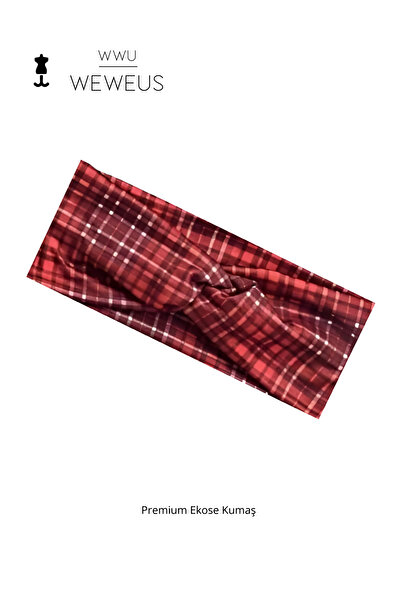 Weweus Plaid Checkered Red Burgundy Premium Women's Headband Type2