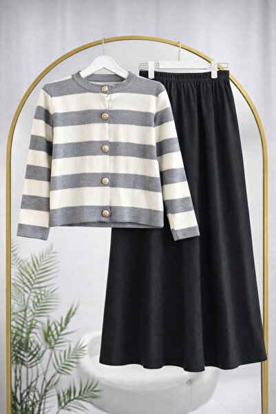 Bahar Altundemir Women's Gray Striped Knitwear Cardigan and Dabıl Fabric Skir...